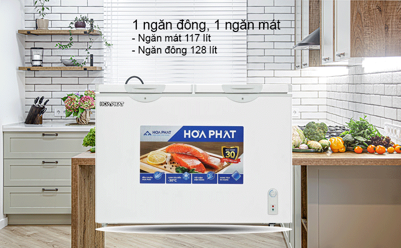 Ngăn mát 117 lít, ngăn đông 128 lít