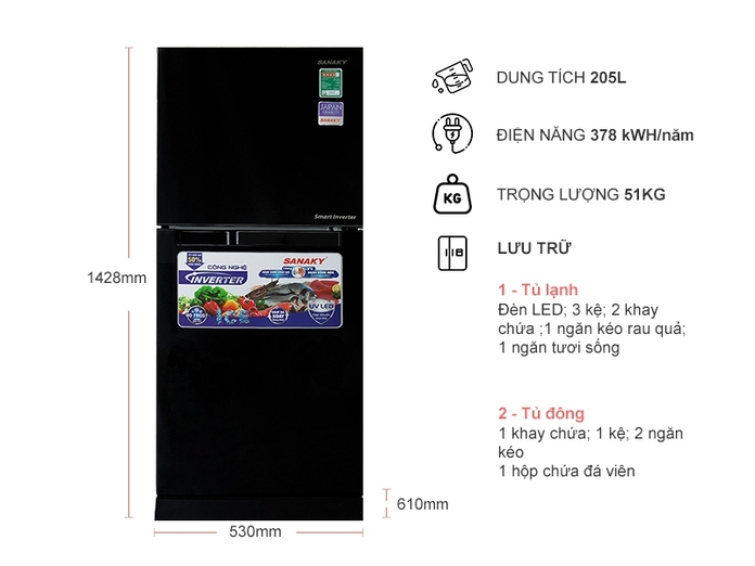 Tủ lạnh Sanaky Inverter 205 lít VH-209KD