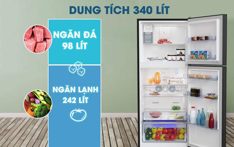 Tủ lạnh Beko Inverter 340 lít RDNT371E50VZGB-Dung tích 340 lít, phù hợp cho gia đình từ 3 - 4 người