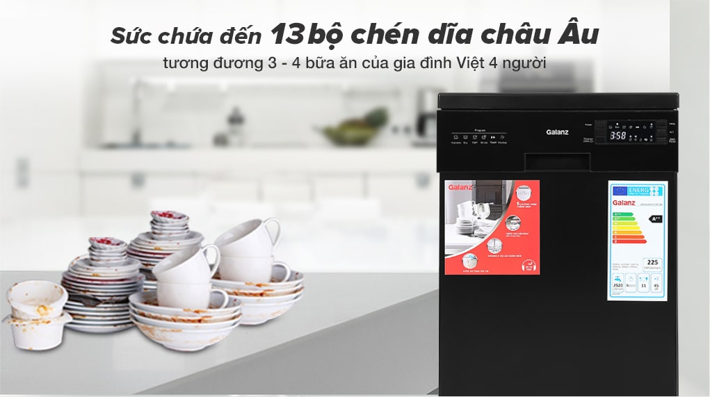 Sức chứa lên đến 13 bộ chén đĩa châu Âu - Máy rửa chén Galanz W45A3A401S-0E1(B) 1850W