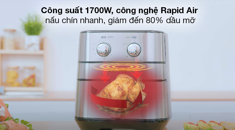 Nồi chiên không dầu Kalite Q5 5 lít - Công suất 1700W và công nghệ Rapid Air