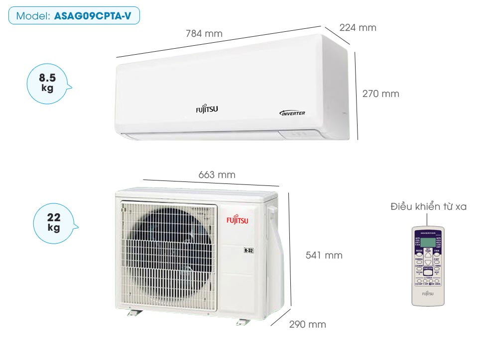 Máy lạnh fujitsu ASAG09CPTA-V / AOAG09CPTA-V Inverter (1.0Hp) - Gas R32