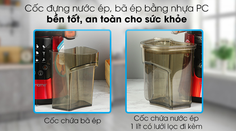Máy ép trái cây Korihome JEK-688 - Cốc chứa bã, nước ép máy ép trái cây bằng nhựa PC