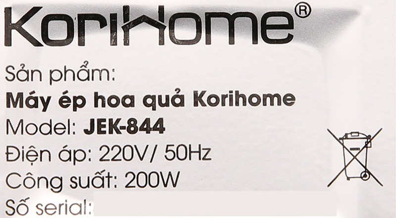 Công suất 200 W - Máy ép chậm trái cây Korihome JEK-844