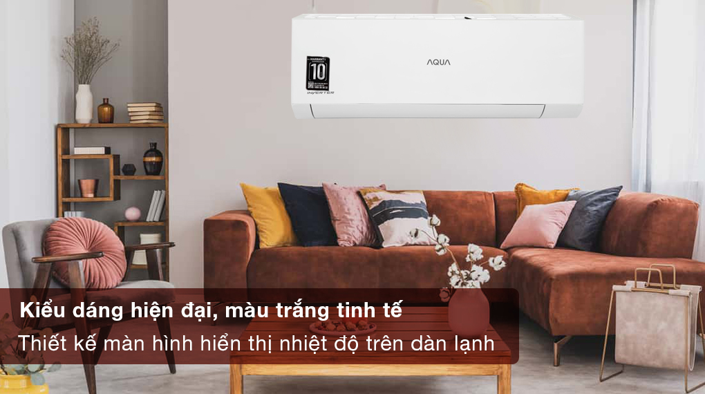 Máy lạnh Aqua Inverter 1 HP AQA-RV9QA - Kiểu dáng hiện đại, màu trắng tinh tế, trang bị màn hình hiển thị nhiệt độ ở dàn lạnh