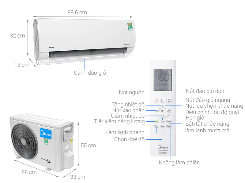 Thông số kỹ thuật Máy lạnh 2 chiều Midea Inverter Wifi 1.5 HP MSMT-13HRFN8