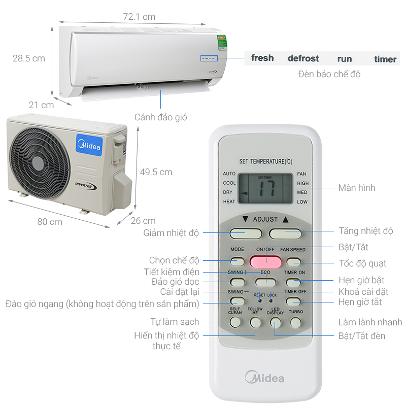 Thông số kỹ thuật Máy lạnh Midea Inverter 1 HP MSAFA-10CRDN8