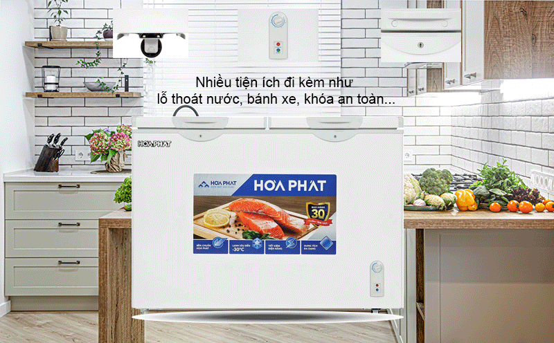 Nhiều tiện ích đi kèm như khóa an toàn, lỗ thoát nước, điều chỉnh nhiệt độ