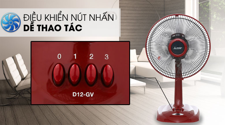 Quạt thiết lập 3 tốc độ gió từ nhẹ đến mạnh - Quạt bàn Mitsubishi D12-GV CY-RD đỏ đậm