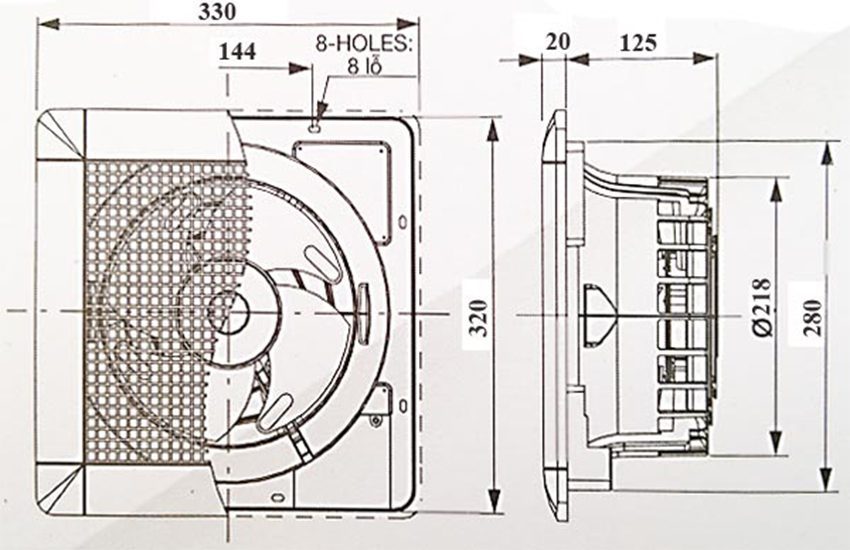 Kích thước lắp đặt của quạt hút âm trần Mitsubishi EX-20SC5T