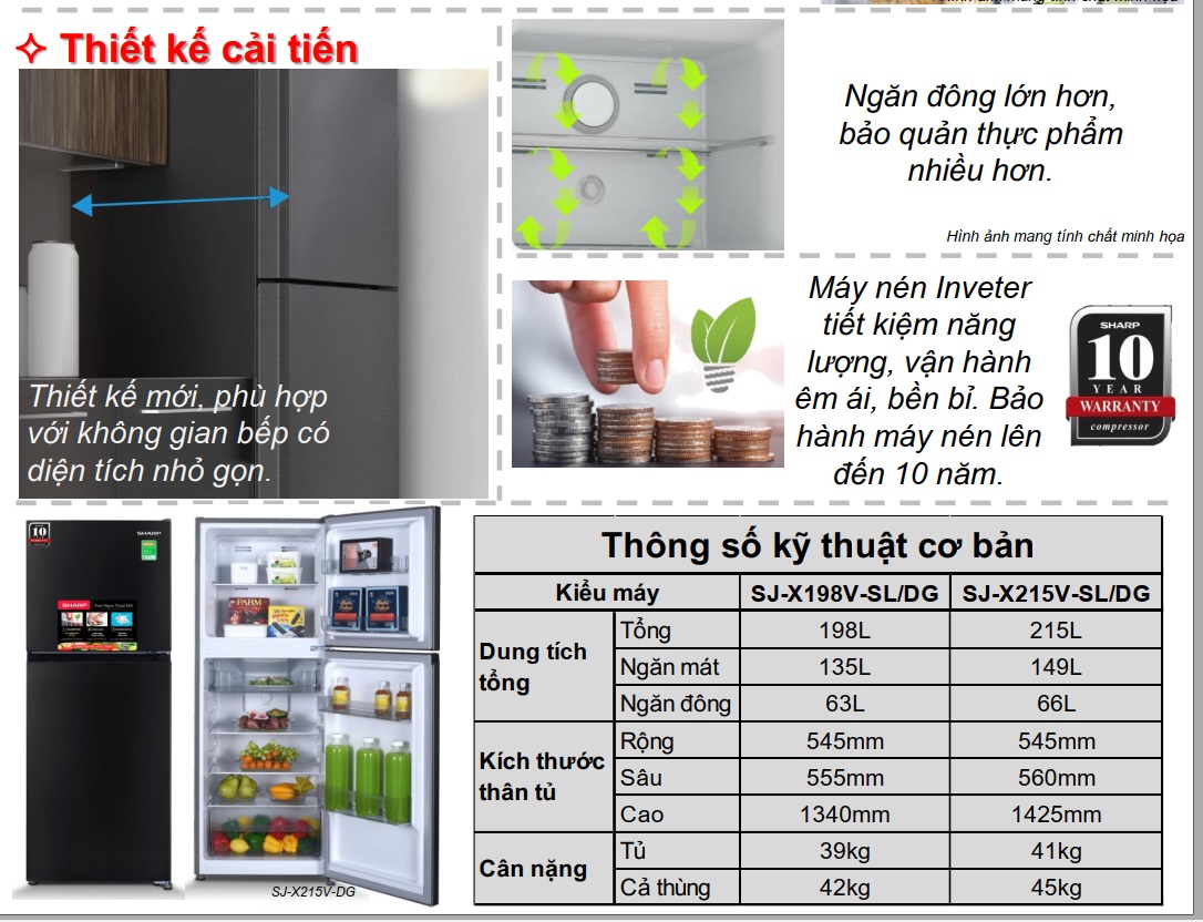 Tủ lạnh Sharp SJ-X198V-SL Inverter 180 lít