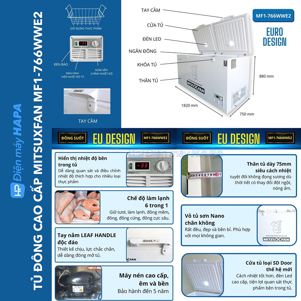 Tủ Đông Cao Cấp MITSUXFAN MF1-766WWE2 - Dung tích 700/500 Lít, Euro Design, Inverter - Hàng Chính Hãng