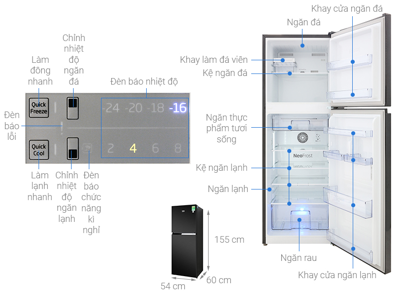 Thông số kỹ thuật Tủ lạnh Beko Inverter 230 lít RDNT251I50VWB